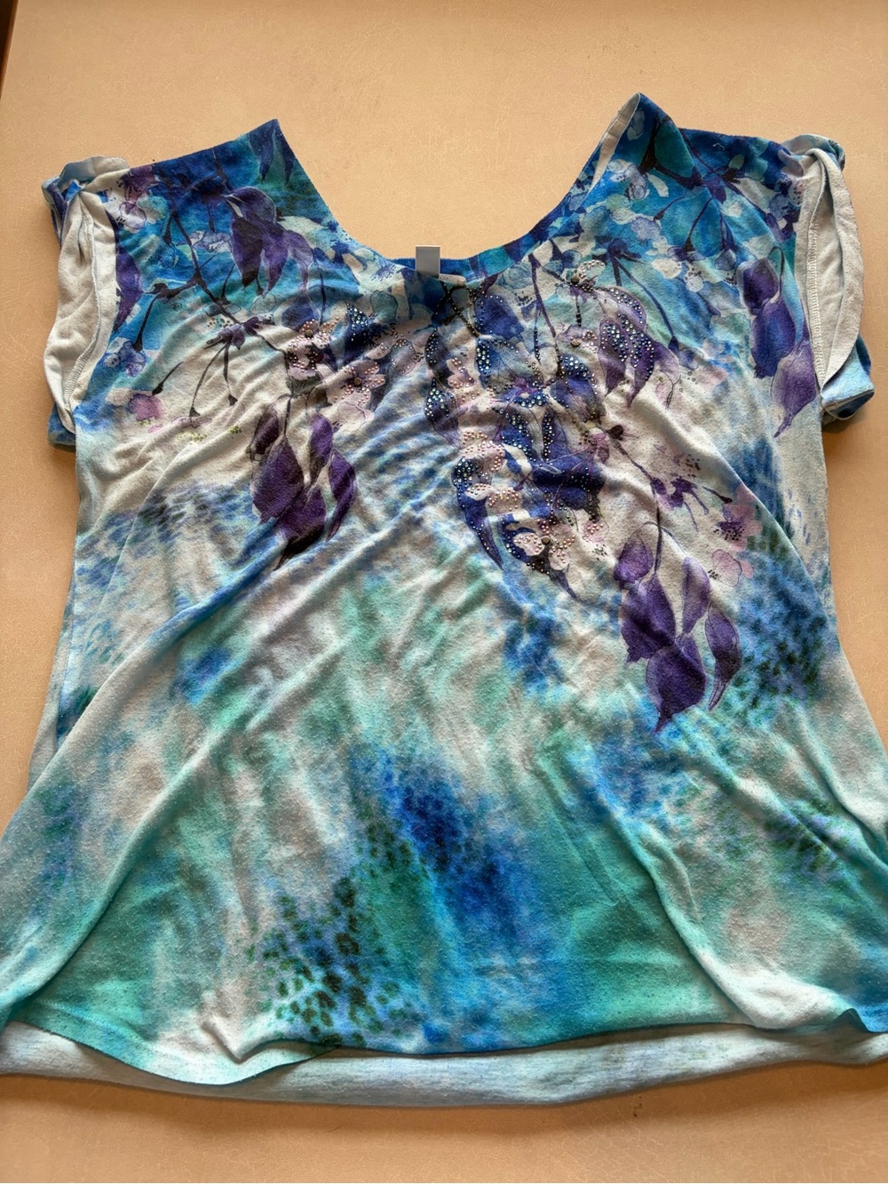 dressbarn Blue and Purple Floral Tie-Dye Short Sleeve Top